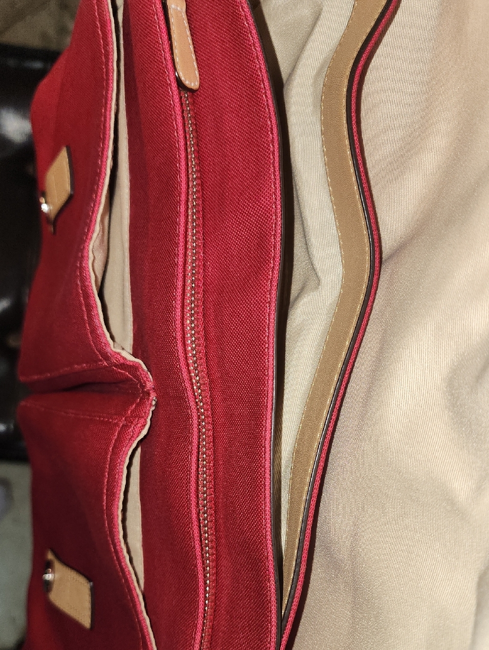 Coach Leather Red Canvas Messenger Bag Cream Trim Striped Accent Business Tote - Picture 13 of 16